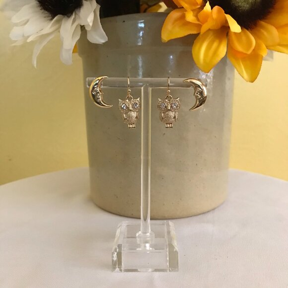 Gold Tone Earring Set - Moon & Owl - Picture 2 of 4